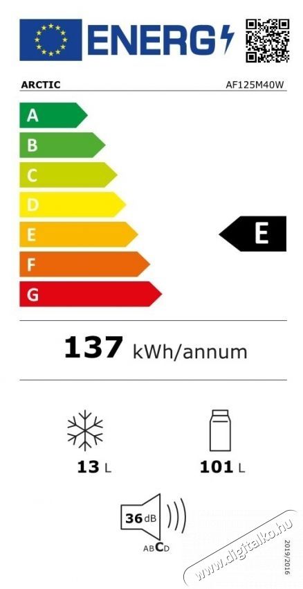 ARCTIC AF125M40W Egyajt&oacute;s hűtőszekr&eacute;ny, 120 l, E energiaoszt&aacute;ly, M 84 cm, feh&eacute;r Konyhai term&eacute;kek - Hűtő, fagyaszt&oacute; (szabadon&aacute;ll&oacute;) - Egyajt&oacute;s hűtő - 534190