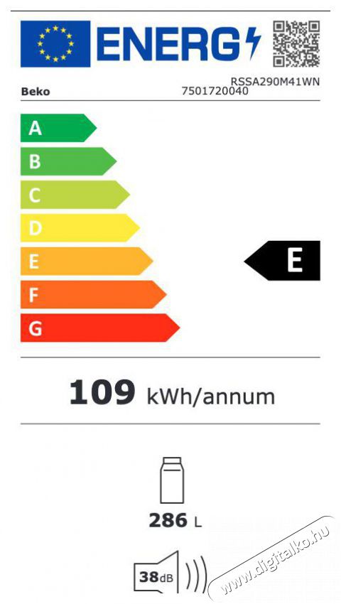 Beko RSSA290M41WN egyajt&oacute;s hűtő Konyhai term&eacute;kek - Hűtő, fagyaszt&oacute; (szabadon&aacute;ll&oacute;) - Fagyaszt&oacute; n&eacute;lk&uuml;li hűtő - 499677