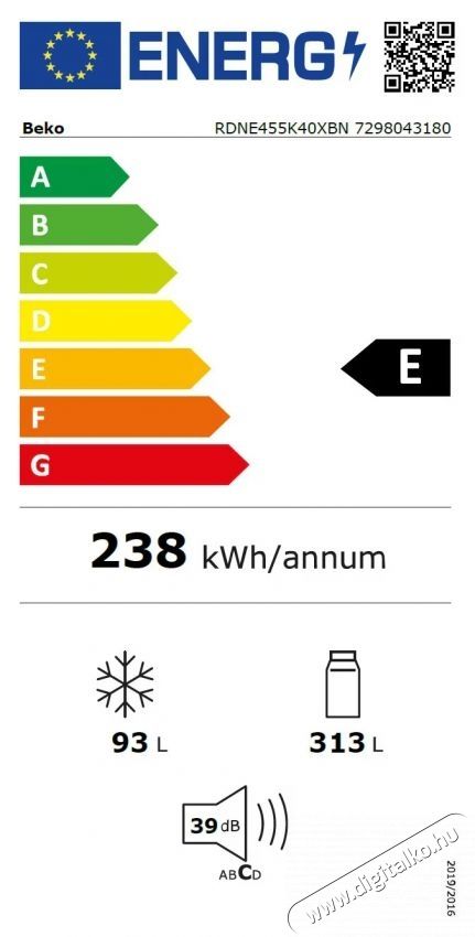 Beko RDNE455K40XBN, K&eacute;tajt&oacute;s hűtő, 406 l, Ez&uuml;st Konyhai term&eacute;kek - Hűtő, fagyaszt&oacute; (szabadon&aacute;ll&oacute;) - Fel&uuml;lfagyaszt&oacute;s kombin&aacute;lt hűtő - 532962