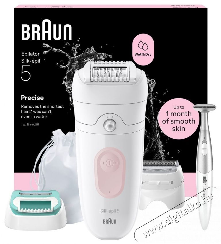BRAUN Silk-&eacute;pil 5 5-251 nedves &eacute;s sz&aacute;raz epil&aacute;tor,  Borotvafej + v&aacute;g&oacute;f&eacute;sű, Kezdő fej, Bikinivonal-v&aacute;g&oacute;, Utaz&oacute;t&aacute;ska, Feh&eacute;r/R&oacute;zsasz&iacute;n Sz&eacute;ps&eacute;g&aacute;pol&aacute;s / Eg&eacute;szs&eacute;g - Szőrtelen&iacute;tő / borotva - Tart&oacute;s szőrtelen&iacute;tő - 533098