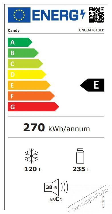 Candy ECN2CQTEB186 Fresco 500 Konyhai term&eacute;kek - Hűtő, fagyaszt&oacute; (szabadon&aacute;ll&oacute;) - Alulfagyaszt&oacute;s kombin&aacute;lt hűtő - 504365