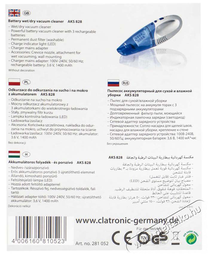 Clatronic AKS 828 Morzsaporsz&iacute;v&oacute; H&aacute;ztart&aacute;s / Otthon / K&uuml;lt&eacute;r - Porsz&iacute;v&oacute; / takar&iacute;t&oacute;g&eacute;p - Morzsaporsz&iacute;v&oacute; - 360519