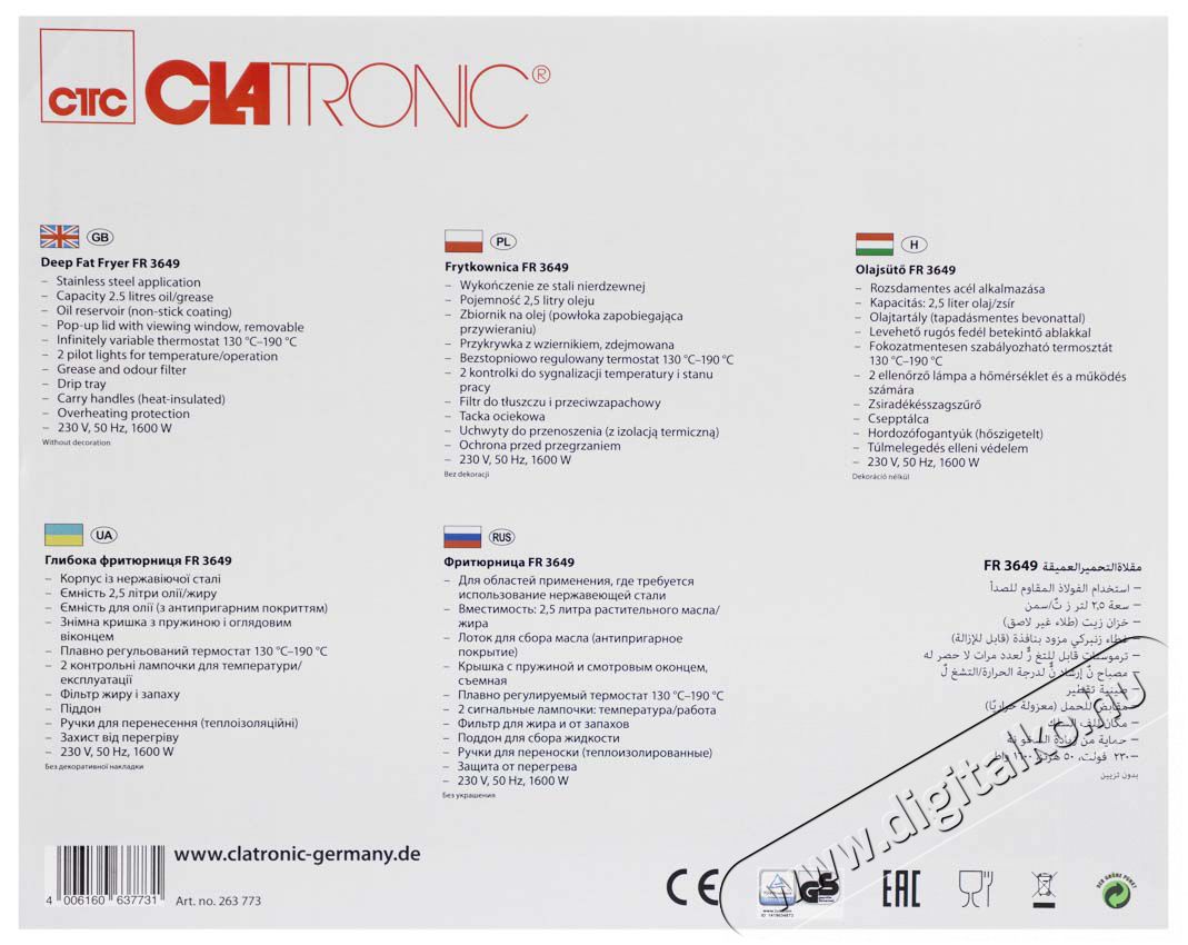 Clatronic FR 3649 Olajs&uuml;tő Konyhai term&eacute;kek - Konyhai kisg&eacute;p (s&uuml;t&eacute;s / főz&eacute;s / hűt&eacute;s / &eacute;telk&eacute;sz&iacute;t&eacute;s) - Olajs&uuml;tő - 360539