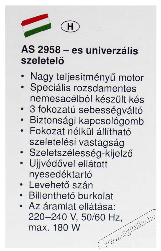 Clatronic AS2958 szeletelő Konyhai term&eacute;kek - Konyhai kisg&eacute;p (elők&eacute;sz&iacute;t&eacute;s / feldolgoz&aacute;s) - Szeletelő / reszelő g&eacute;p - 322145