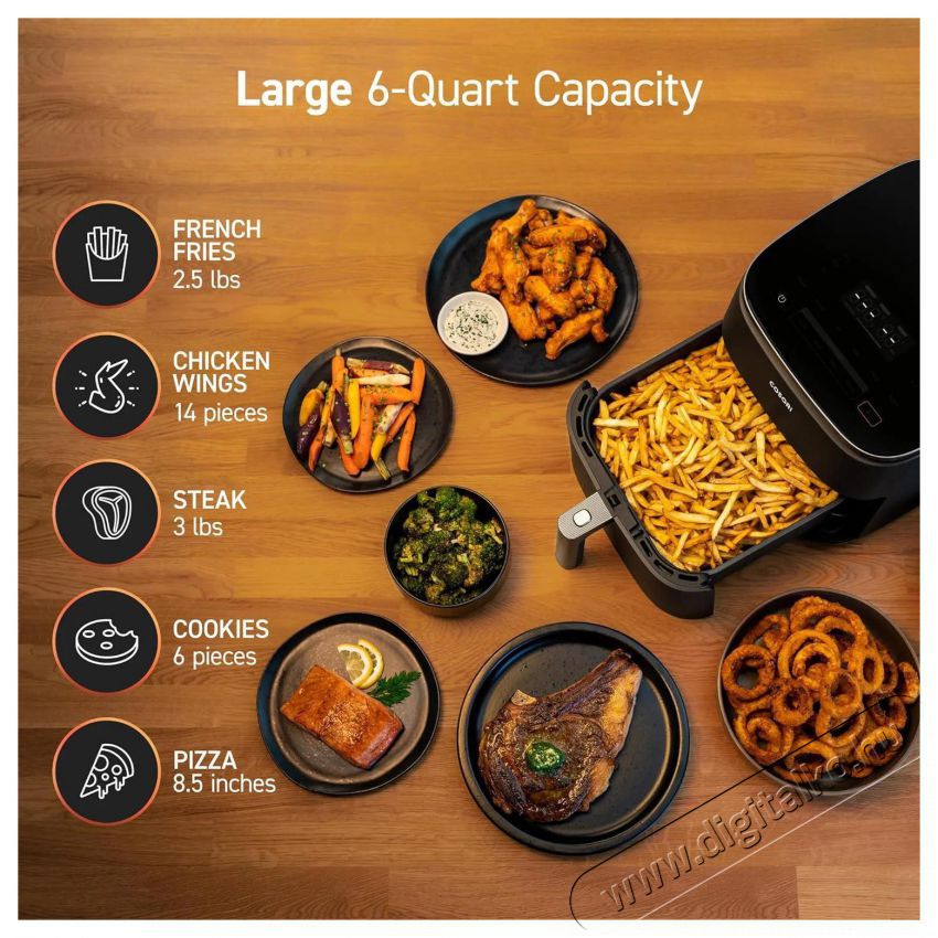 Cosori CAF-DC602-KEUR Turbo Blaze Air Fryer, 1725W, fekete Konyhai term&eacute;kek - Konyhai kisg&eacute;p (s&uuml;t&eacute;s / főz&eacute;s / hűt&eacute;s / &eacute;telk&eacute;sz&iacute;t&eacute;s) - L&eacute;gkever&eacute;ses főzőg&eacute;p / elektromos kukta / multifunkci&oacute;s s&uuml;tő - 495266