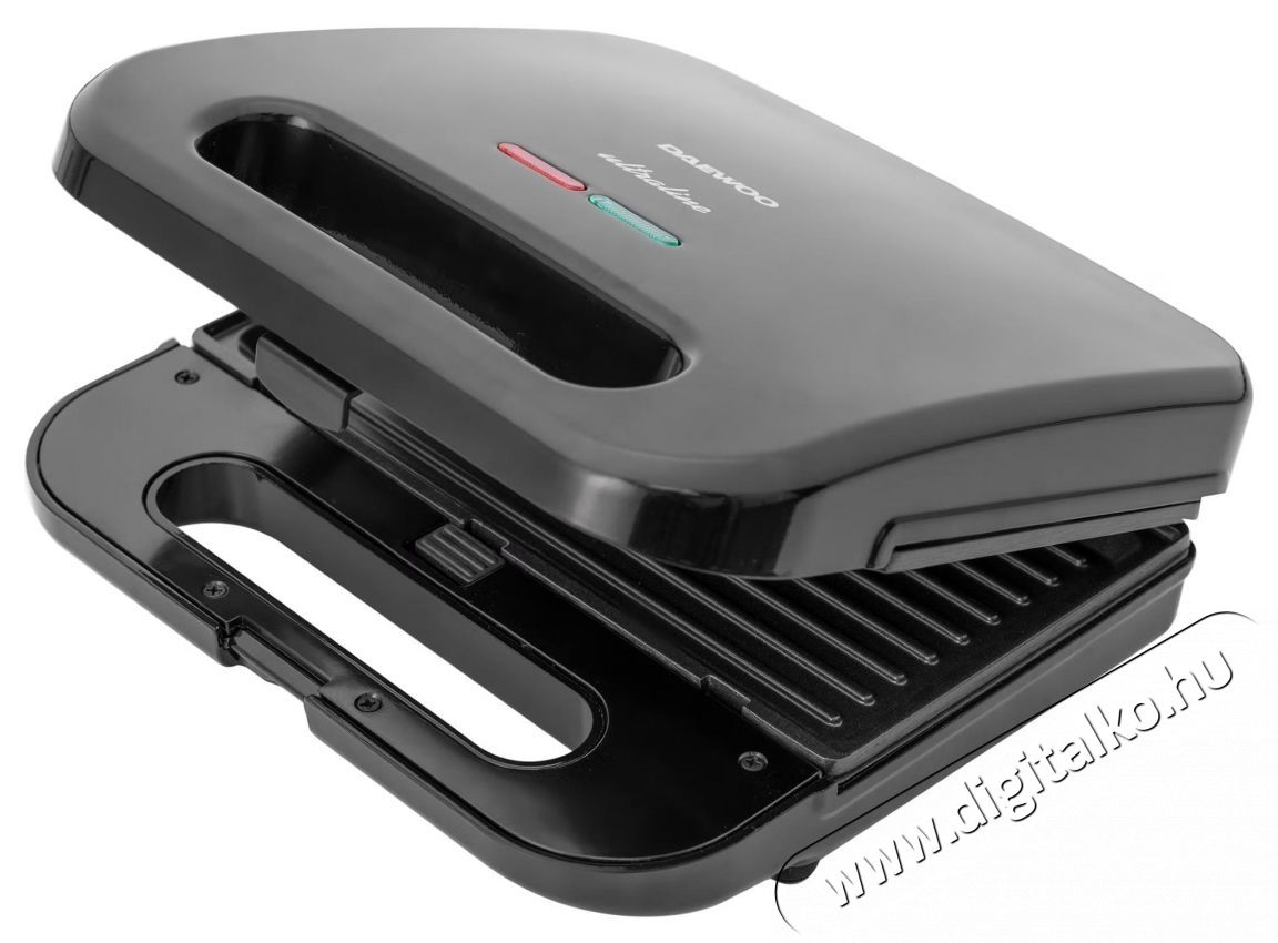 Daewoo szendvicss&uuml;tő, 3 az 1-ben, 800W, tapad&aacute;smentes lapok, cser&eacute;lhető t&aacute;lc&aacute;k, szendvics, gofri, grill, fűtől&aacute;mpa, termoszt&aacute;t, Cool Touch foganty&uacute;, z&aacute;r&oacute; lap Konyhai term&eacute;kek - Konyhai kisg&eacute;p (s&uuml;t&eacute;s / főz&eacute;s / hűt&eacute;s / &eacute;telk&eacute;sz&iacute;t&eacute;s) - Melegszendvics / gofri s&uuml;tő - 533197