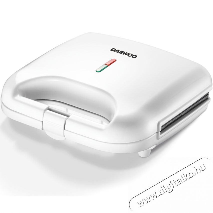 Daewoo szendvicss&uuml;tő, 800 W, tapad&aacute;smentes lapok, termoszt&aacute;ttal szab&aacute;lyozott fűt&eacute;s, CoolTouch foganty&uacute;, r&ouml;gz&iacute;tő fed&eacute;l, fűt&eacute;sjelző l&aacute;mpa, feh&eacute;r Konyhai term&eacute;kek - Konyhai kisg&eacute;p (s&uuml;t&eacute;s / főz&eacute;s / hűt&eacute;s / &eacute;telk&eacute;sz&iacute;t&eacute;s) - Melegszendvics / gofri s&uuml;tő - 533199