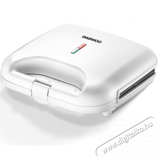 Daewoo szendvicss&uuml;tő, 800 W, tapad&aacute;smentes lapok, termoszt&aacute;ttal szab&aacute;lyozott fűt&eacute;s, CoolTouch foganty&uacute;, r&ouml;gz&iacute;tő fed&eacute;l, fűt&eacute;sjelző l&aacute;mpa, feh&eacute;r Konyhai term&eacute;kek - Konyhai kisg&eacute;p (s&uuml;t&eacute;s / főz&eacute;s / hűt&eacute;s / &eacute;telk&eacute;sz&iacute;t&eacute;s) - Melegszendvics / gofri s&uuml;tő - 533199