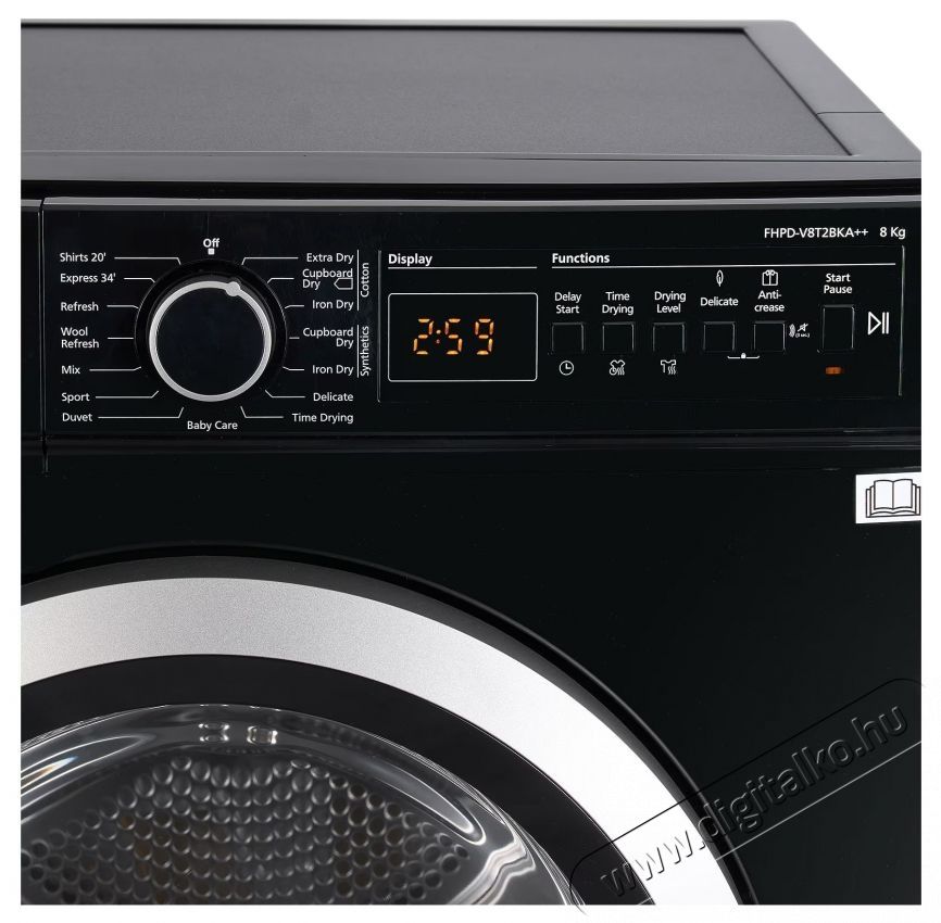 FRAM FHPD-V8T2BKA++ Hőszivatty&uacute;s sz&aacute;r&iacute;t&oacute;g&eacute;p, 8 kg, LED kijelző, Dob vil&aacute;g&iacute;t&aacute;s, K&eacute;sleltetett ind&iacute;t&aacute;s, Gyűrőd&eacute;sg&aacute;tl&oacute;, A+/E energiaoszt&aacute;ly, Fekete H&aacute;ztart&aacute;s / Otthon / K&uuml;lt&eacute;r - Mos&oacute;g&eacute;p / sz&aacute;r&iacute;t&oacute;g&eacute;p - Sz&aacute;r&iacute;t&oacute;g&eacute;p - 536599