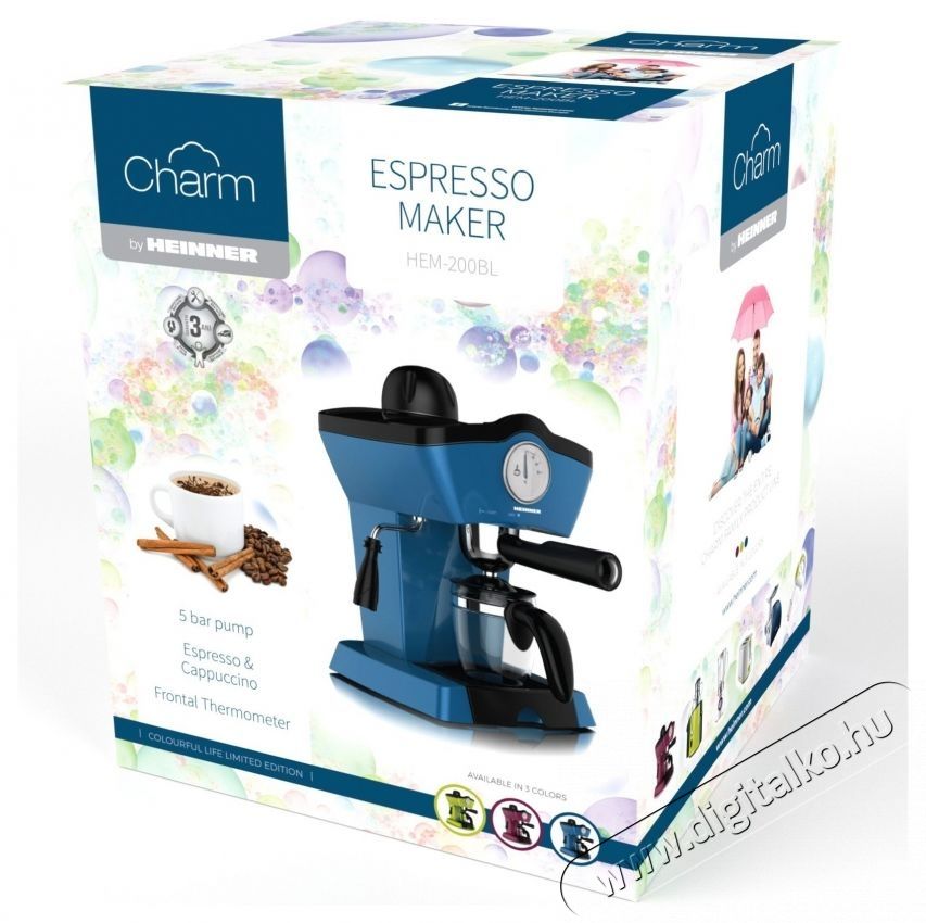 Heinner Charm HEM-200BL Karos eszpressz&oacute; k&aacute;v&eacute;főző, 800W, 250 ml kapacit&aacute;s, 3.5 bar, K&eacute;k Konyhai term&eacute;kek - K&aacute;v&eacute;főző / k&aacute;v&eacute;&ouml;rlő / kieg&eacute;sz&iacute;tő - Pressz&oacute; k&aacute;v&eacute;főző - 531135