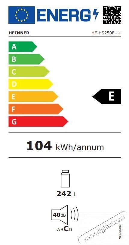 Heinner HF-HS250E++ hűtőszekr&eacute;ny, 242l, Mechanikus ir&aacute;ny&iacute;t&aacute;s &aacute;ll&iacute;that&oacute; termoszt&aacute;ttal, LED vil&aacute;g&iacute;t&aacute;s, E energiaoszt&aacute;ly, H: 144cm, Feh&eacute;r Konyhai term&eacute;kek - Hűtő, fagyaszt&oacute; (szabadon&aacute;ll&oacute;) - Egyajt&oacute;s hűtő - 533441