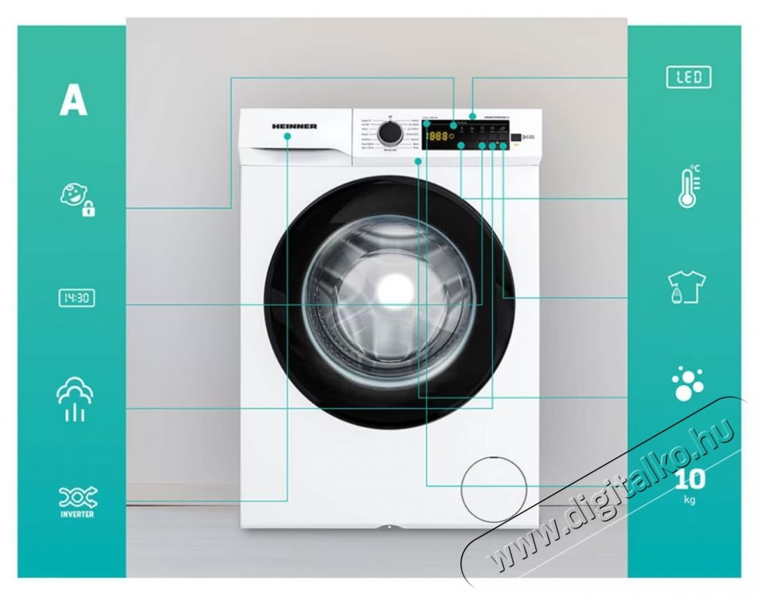 Heinner HWM-VT2104IVCHA+++ mos&oacute;g&eacute;p, A energiaoszt&aacute;ly, 10 kg kapacit&aacute;s, 1400 ford./perc, 15 program, Digit&aacute;lis kijelző, Feh&eacute;r H&aacute;ztart&aacute;s / Otthon / K&uuml;lt&eacute;r - Mos&oacute;g&eacute;p / sz&aacute;r&iacute;t&oacute;g&eacute;p - El&ouml;lt&ouml;ltős norm&aacute;l (60cm-ig) mos&oacute;g&eacute;p - 536854