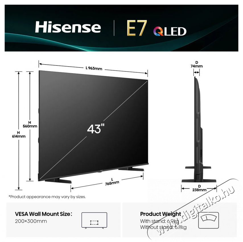 Hisense 43E7Q Telev&iacute;zi&oacute;k - LED telev&iacute;zi&oacute; - UHD 4K felbont&aacute;s&uacute; - 505854