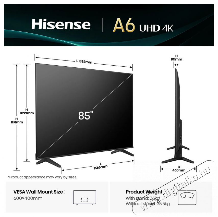 Hisense 85A6Q Telev&iacute;zi&oacute;k - LED telev&iacute;zi&oacute; - UHD 4K felbont&aacute;s&uacute; - 505857
