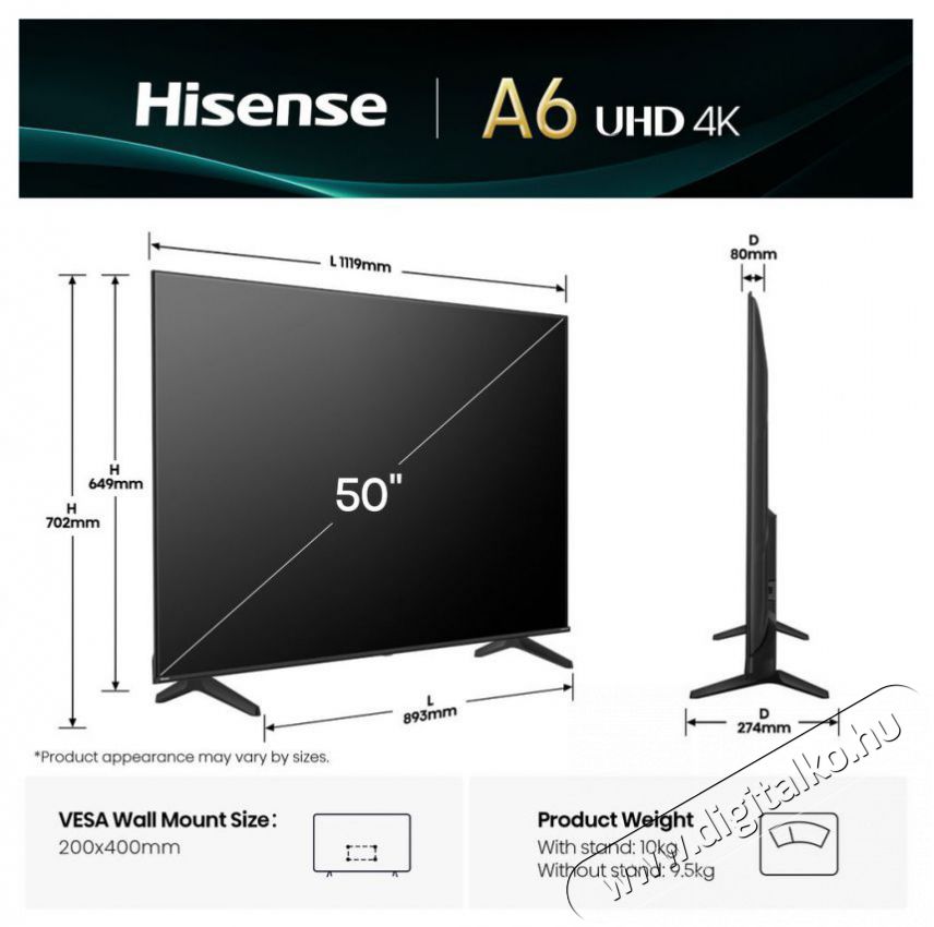 Hisense 50A6Q Telev&iacute;zi&oacute;k - LED telev&iacute;zi&oacute; - UHD 4K felbont&aacute;s&uacute; - 511970