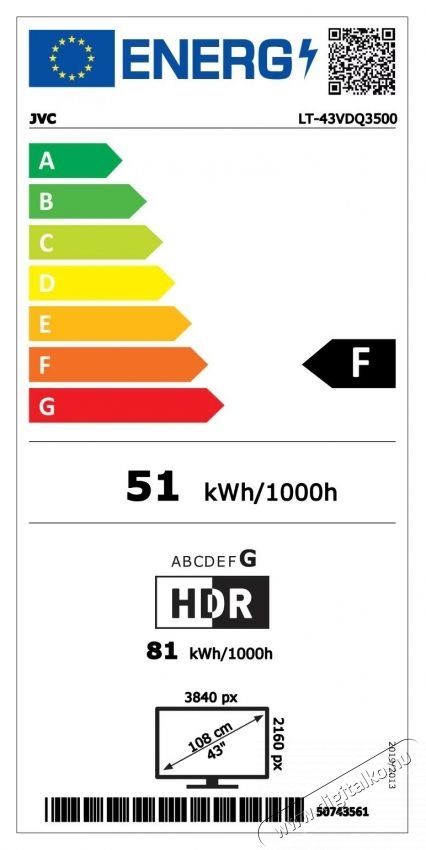 JVC 43VDQ3500 QLED telev&iacute;zi&oacute;, 108 cm, Smart, 4K Ultra HD, F energiaoszt&aacute;ly Telev&iacute;zi&oacute;k - Plazma telev&iacute;zi&oacute; - 535364