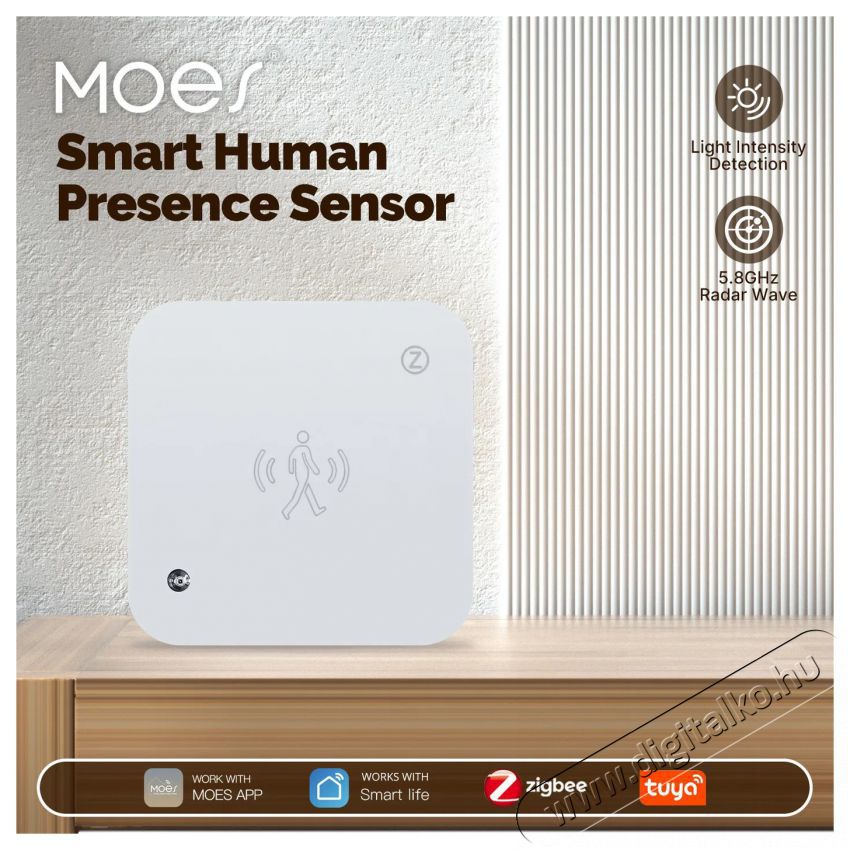 MOES Human Presence Sensor + Light Sensor, WiFi H&aacute;ztart&aacute;s / Otthon / K&uuml;lt&eacute;r - Biztons&aacute;gtechnika - Mozg&aacute;s&eacute;rz&eacute;kelő - 521668