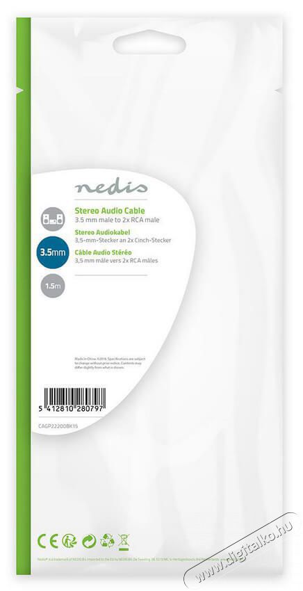 Nedis CAGP22200BK15 audi&oacute; k&aacute;bel - 1.5 m&eacute;ter Tv kieg&eacute;sz&iacute;tők - K&aacute;bel / csatlakoz&oacute; - Jack-RCA k&aacute;bel - 366211