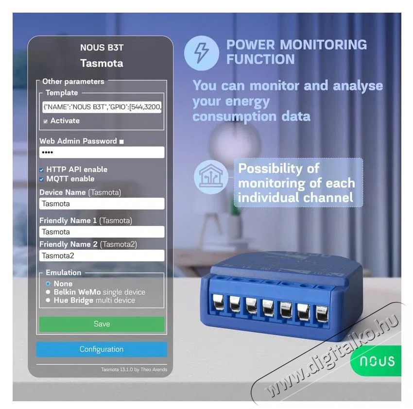 NOUS  B3T WiFi Tasmota Kapcsol&oacute; modul (2 csatorna, fogyaszt&aacute;sm&eacute;r&eacute;s) / Redőnyvez&eacute;rlő modul (1 csatorna, ESP32) &Uacute;jdons&aacute;gok - &Uacute;j term&eacute;kek - 521951