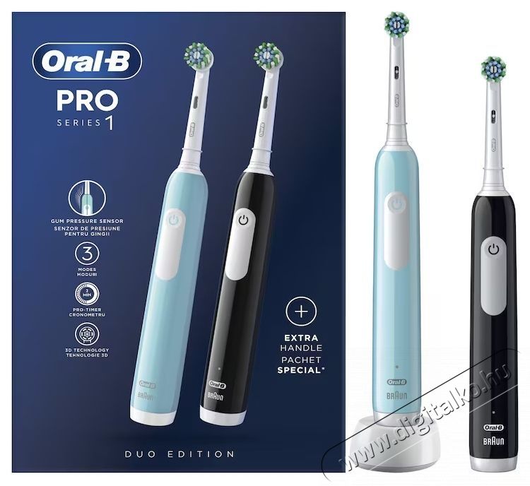Oral-B Pro elektromos fogkefe k&eacute;szlet, 3D tiszt&iacute;t&aacute;s, 3 program, 1 kefefej, fekete/k&eacute;k, 2 db Sz&eacute;ps&eacute;g&aacute;pol&aacute;s / Eg&eacute;szs&eacute;g - Sz&aacute;j / fog &aacute;pol&aacute;s - Elektromos fogkefe - 531181