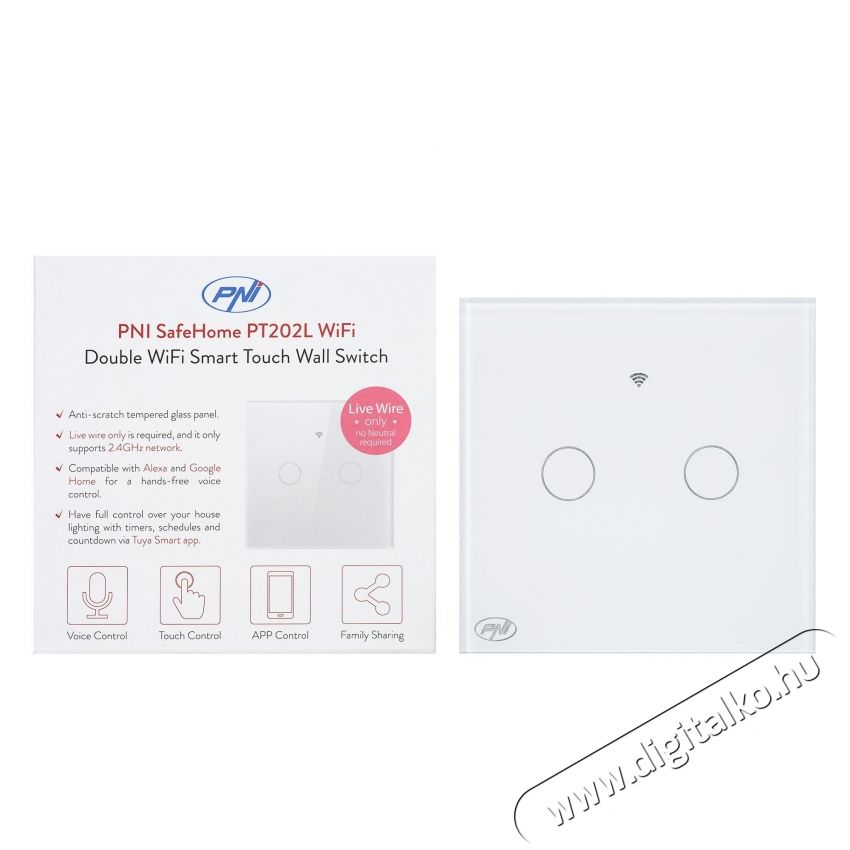 PNI SafeHome PT202L Intelligens &eacute;rintőkapcsol&oacute;, Wi-Fi, 10A, Tuya Smart alkalmaz&aacute;s, Alexa &eacute;s Google Asszisztens kompatibilis, Feh&eacute;r H&aacute;ztart&aacute;s / Otthon / K&uuml;lt&eacute;r - Vil&aacute;g&iacute;t&aacute;s / elektromoss&aacute;g - L&aacute;mpa kieg&eacute;sz&iacute;tő - 540476