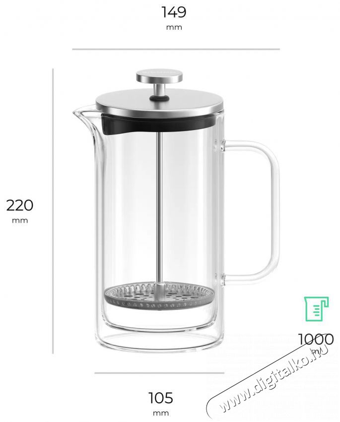 Siguro Double Delight french press, duplafal&uacute;, 1 l Konyhai term&eacute;kek - K&aacute;v&eacute;főző / k&aacute;v&eacute;&ouml;rlő / kieg&eacute;sz&iacute;tő - K&aacute;v&eacute;főző kieg&eacute;sz&iacute;tő - 503774