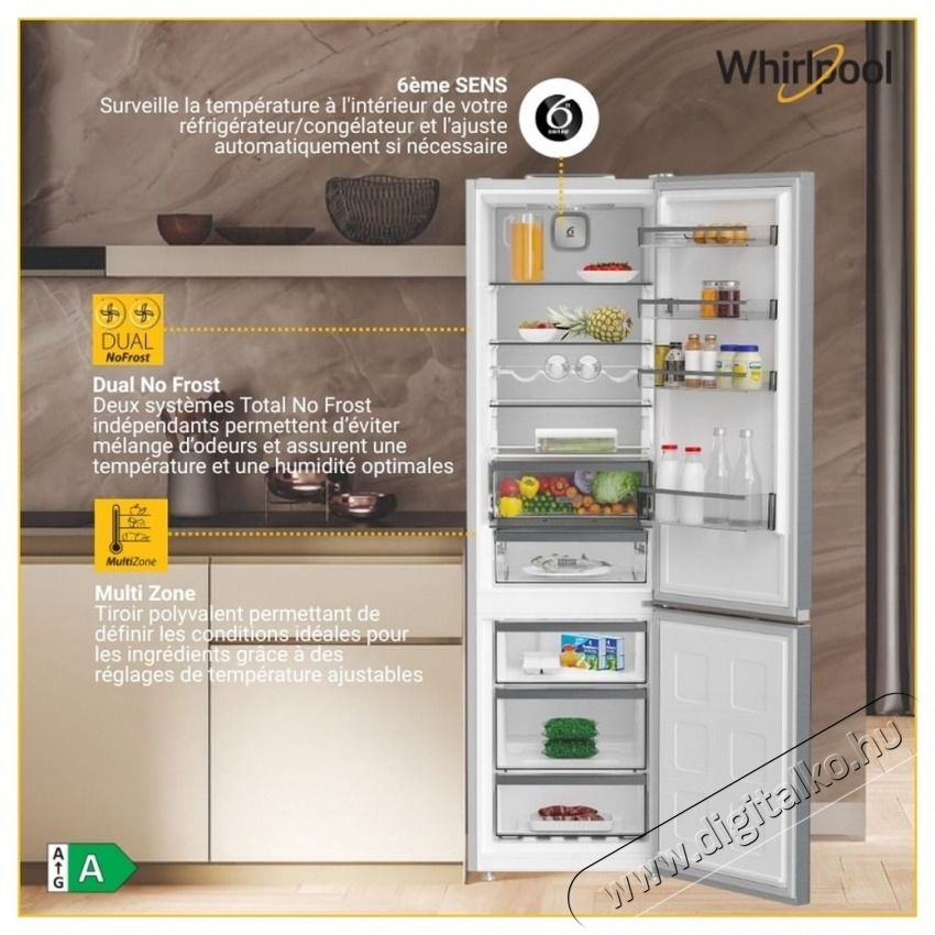 Whirlpool WHK 25404 XP8E alulfagyaszt&oacute;s hűtő Konyhai term&eacute;kek - Hűtő, fagyaszt&oacute; (szabadon&aacute;ll&oacute;) - Alulfagyaszt&oacute;s kombin&aacute;lt hűtő - 539405
